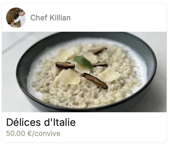 Chef à domicile préparant un plat gastronomique et envoyant un menu personnalisé via GetChef