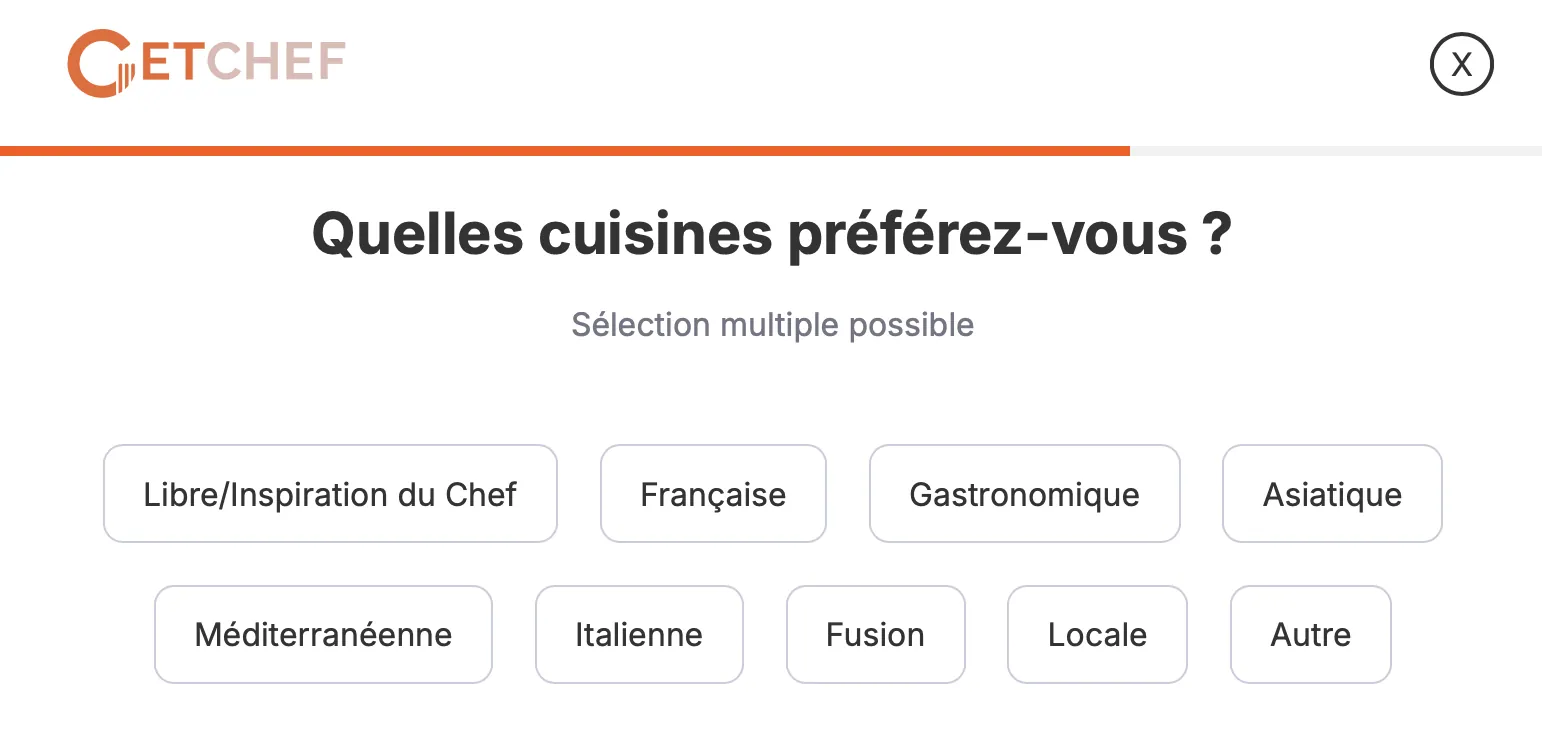 Formulaire GetChef pour choisir les préférences culinaires avant de réserver un chef à domicile