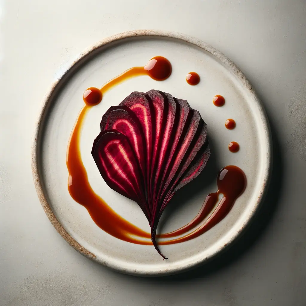 Assiette artistique mettant en vedette une betterave rouge coupée en accordéon sur un fond de sauce caramel, créant un visuel saisissant avec un contraste vibrant de couleurs et textures, reflétant un plat de traiteur contemporain et esthétique.